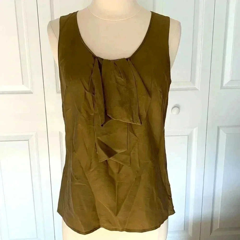 Halogen ruffle front silk blend chartreuse feminine career blouse size small